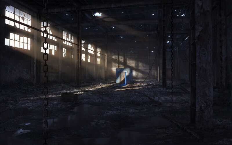 Abandoned Warehouse Interior — Gray, Dramatic, Night