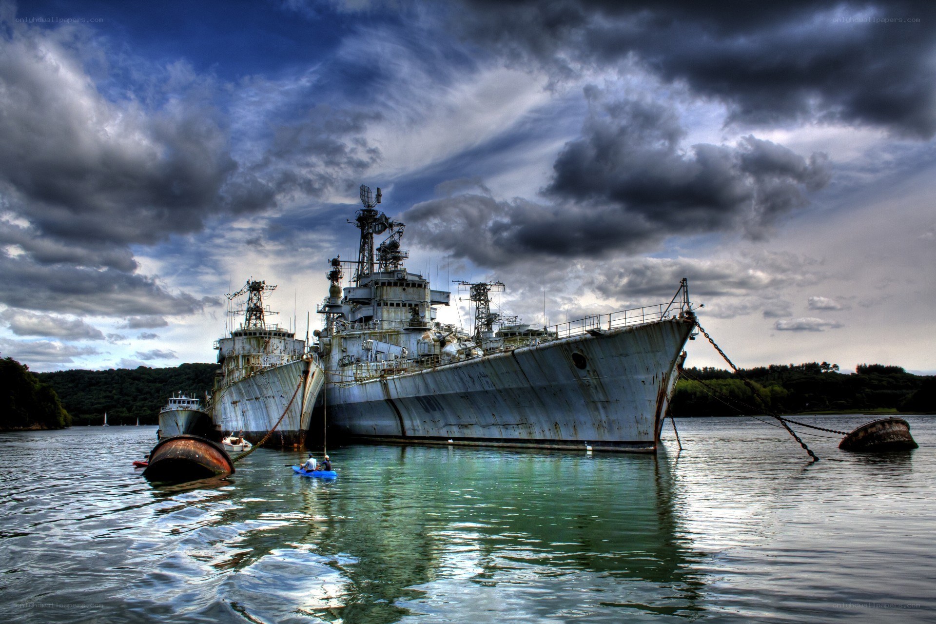 Abandoned warships in harbor