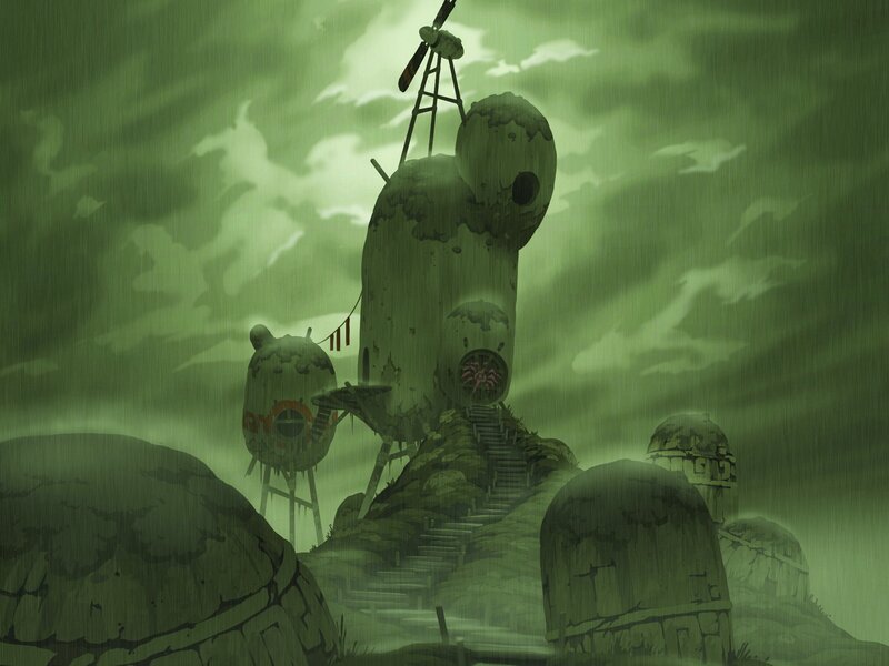 abandoned windmill in rain