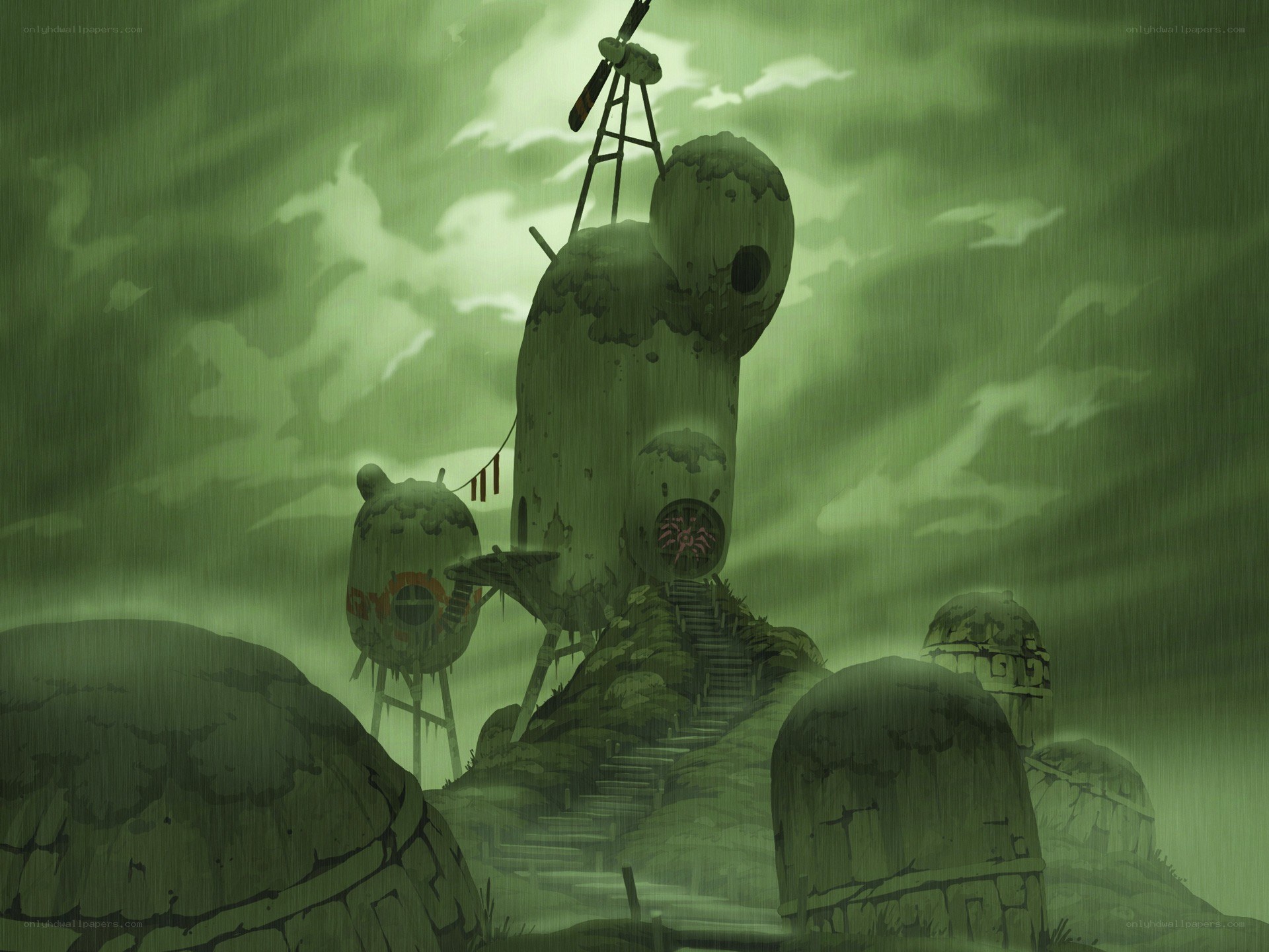 abandoned windmill in rain