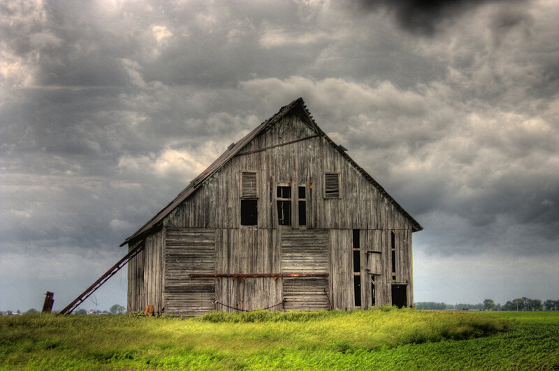 Abandoned Wooden Barn — Green, Dramatic, Afternoon