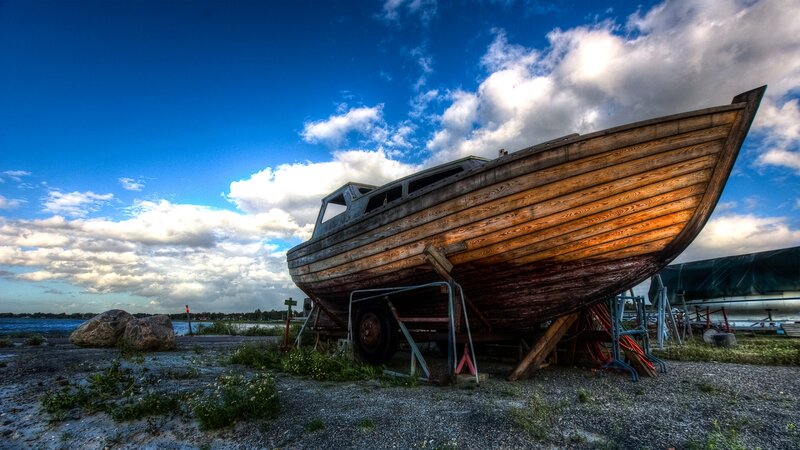 Abandoned Wooden Boat — Blue, Dramatic