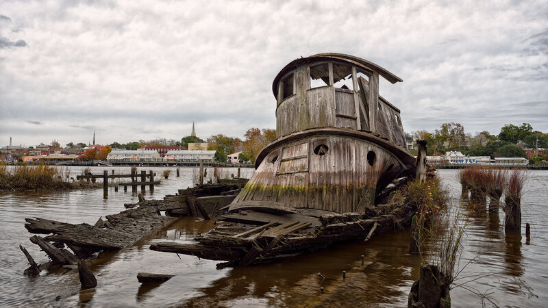 Abandoned Wooden Boat — Brown, Dramatic, Autumn