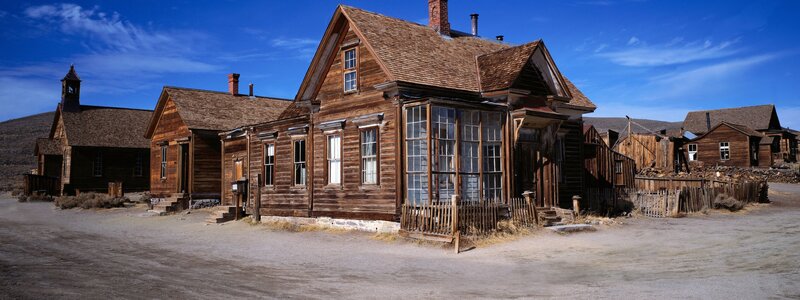 Abandoned wooden buildings in ghost town