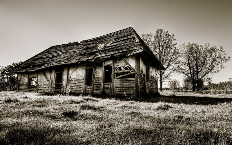 Abandoned Wooden Cabin — Black, Desolate, Photograph, Grass