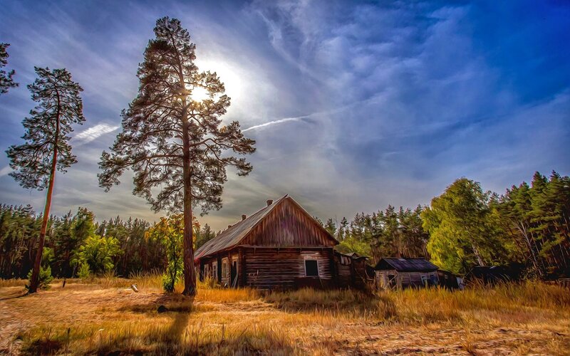 Abandoned Wooden Cabin — Blue, Dramatic, Afternoon, Digital Art