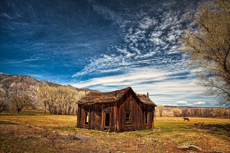Abandoned Wooden Cabin — Blue, Dramatic, Afternoon