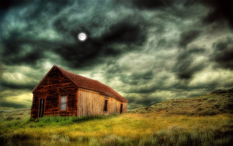 Abandoned Wooden Cabin — Green, Dramatic, Night