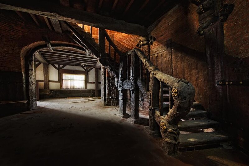 Abandoned wooden staircase interior