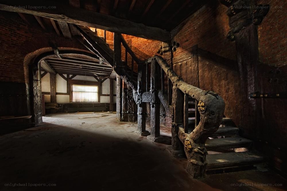Abandoned wooden staircase interior