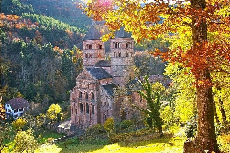 Abbey in Autumn Forest