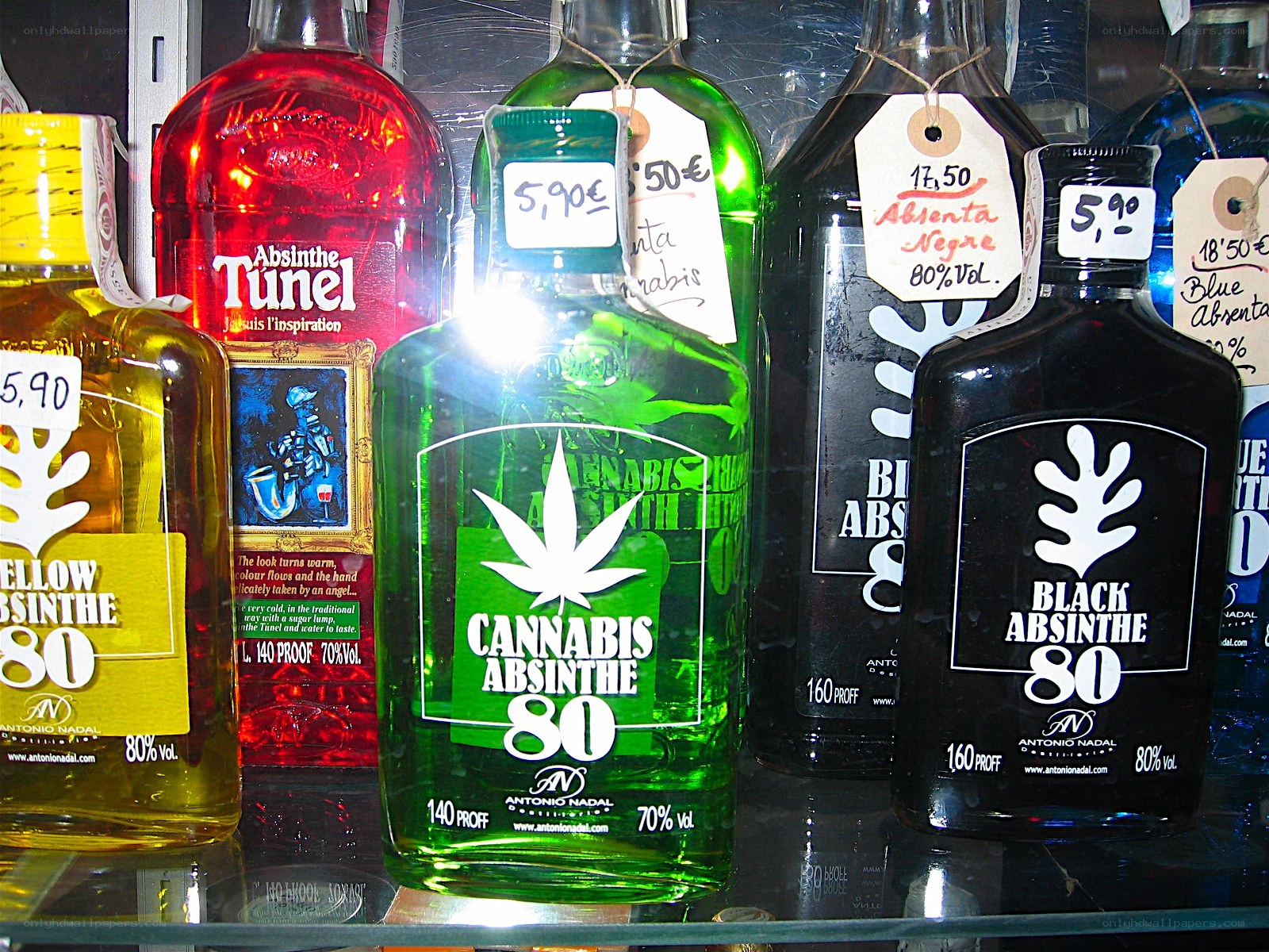 Absinthe bottles on display