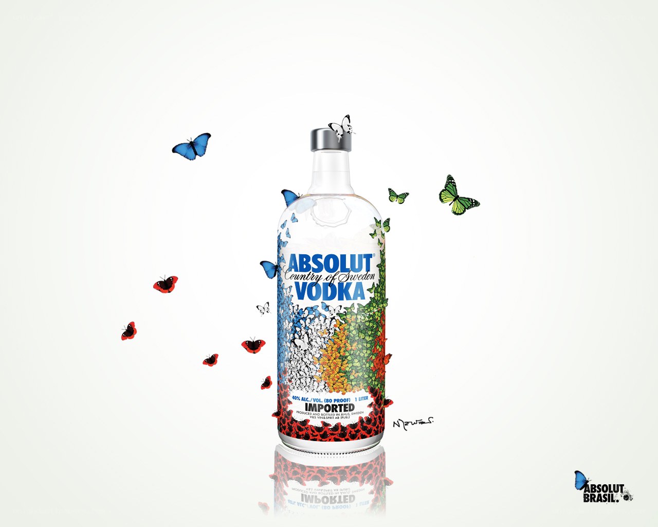 Absolut Vodka bottle with butterflies