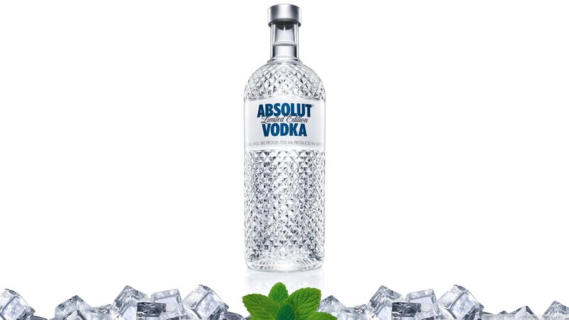 Absolut Vodka bottle with ice
