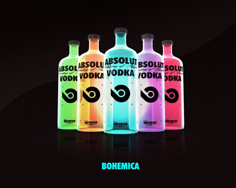 Absolut Vodka bottles in neon colors