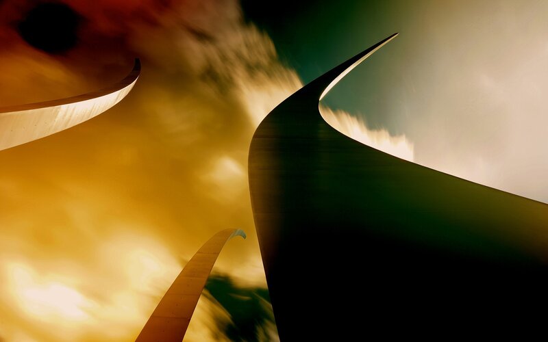 Abstract architectural forms at sunset