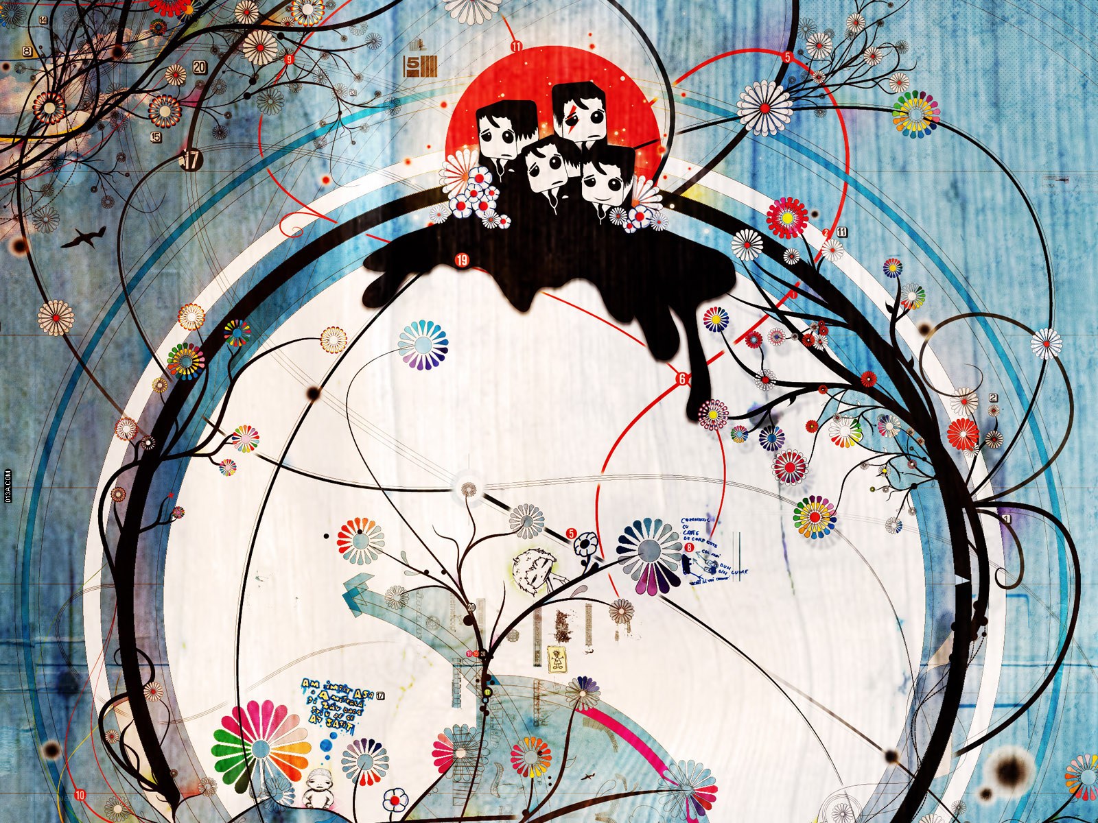 abstract art with cartoon figures