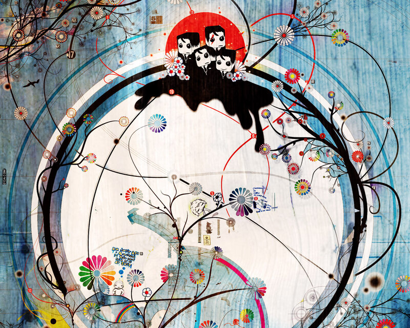 Abstract art with cartoon figures