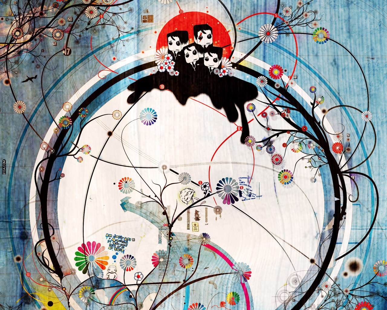 Abstract art with cartoon figures