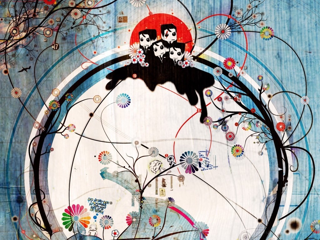 abstract art with cartoon figures