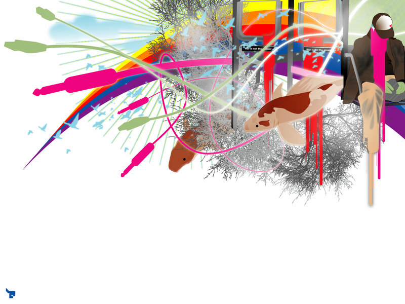 abstract art with koi and rainbow