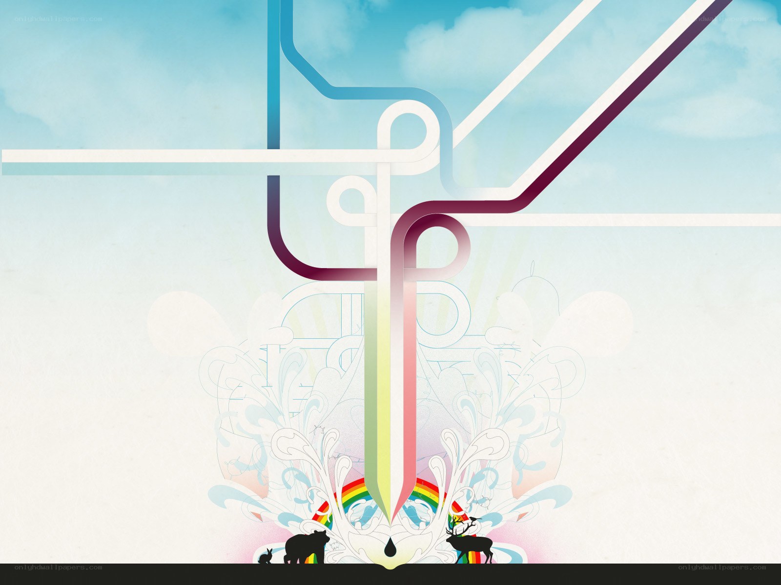 Abstract art with rainbow and animals