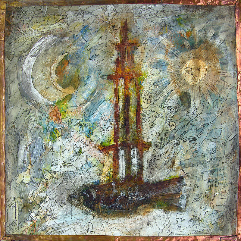 Abstract artwork with sun and moon