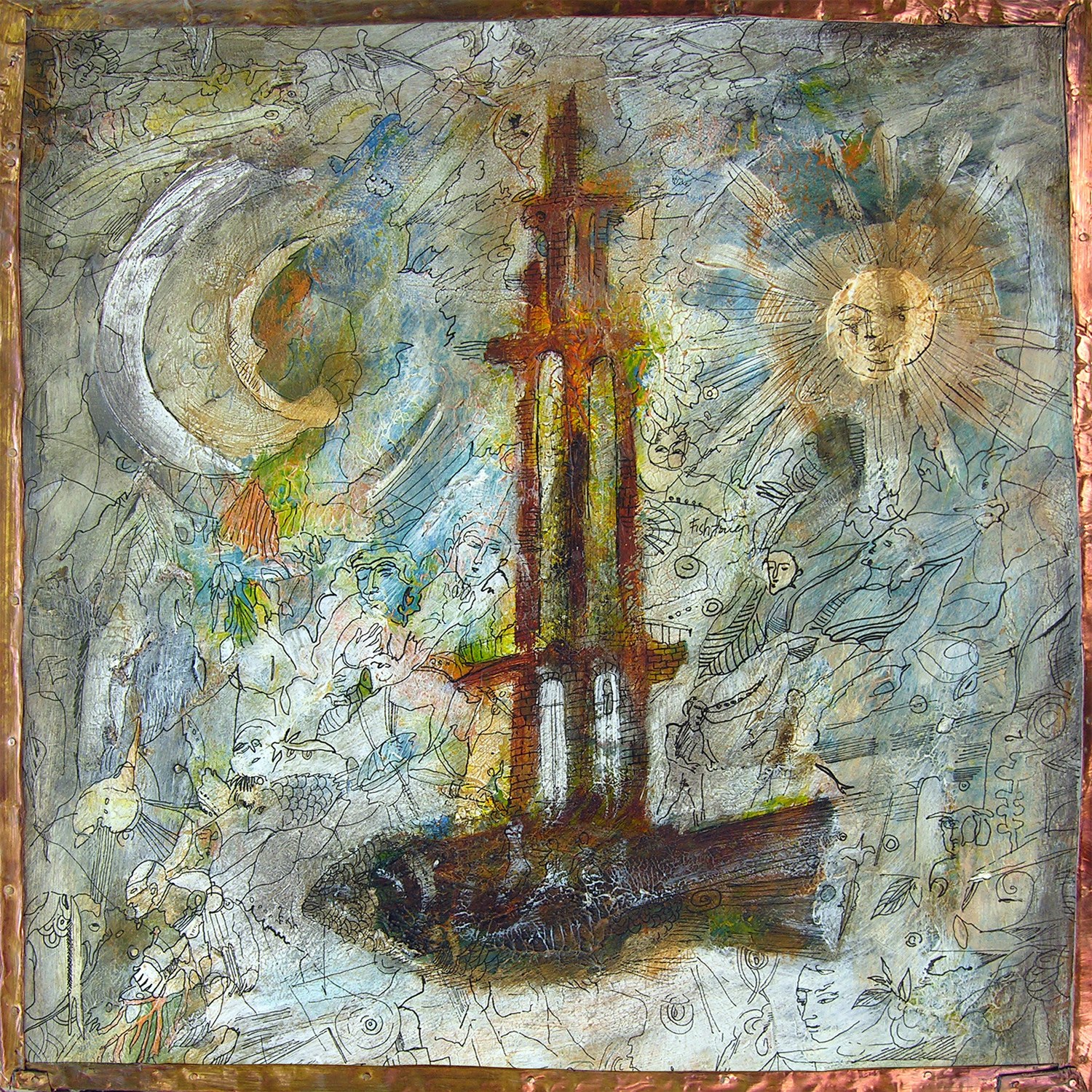 Abstract artwork with sun and moon