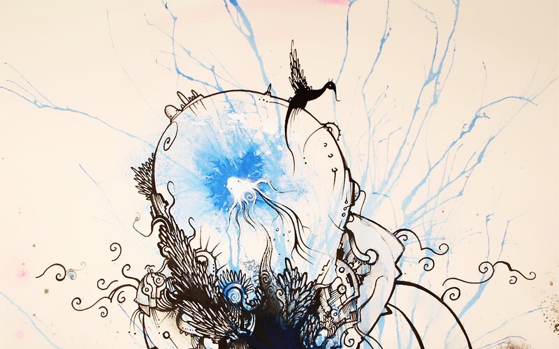 abstract bird and blue sphere art