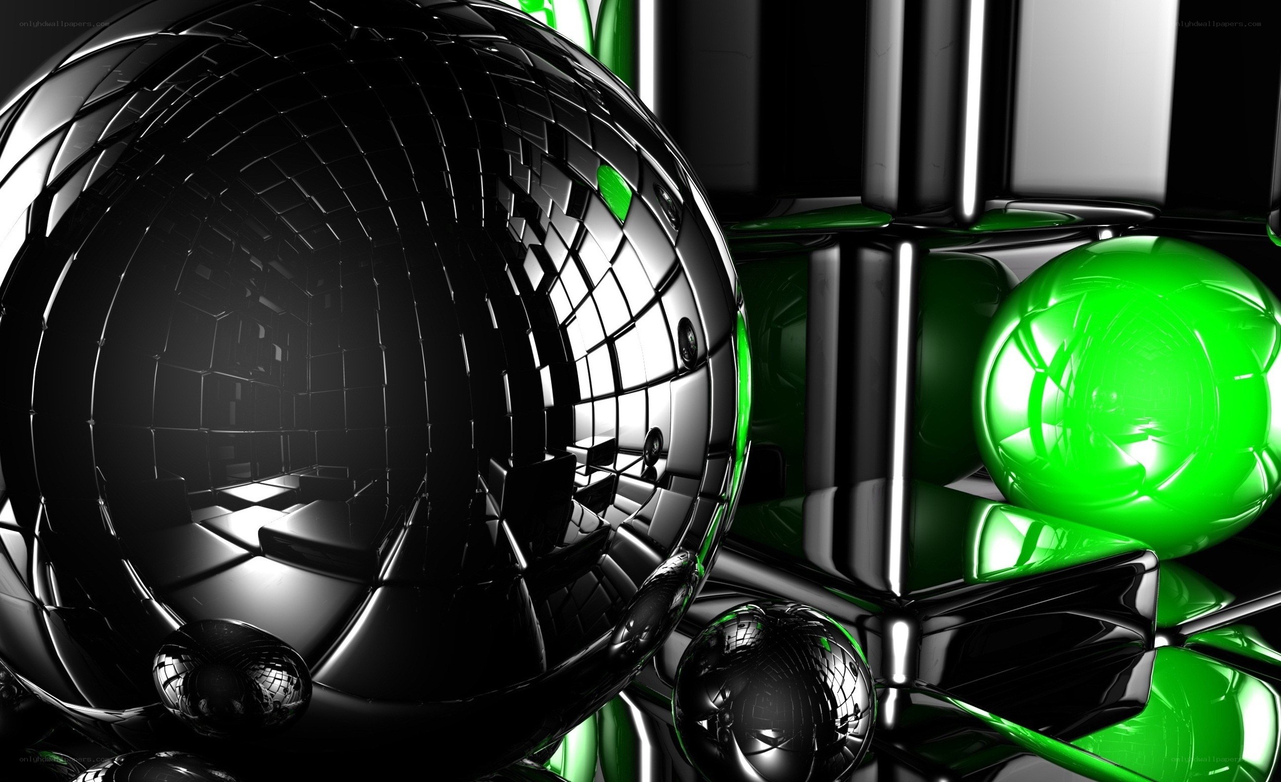Abstract black and green spheres