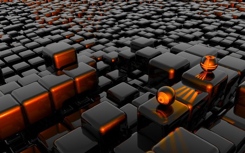 Abstract black cubes with glowing spheres