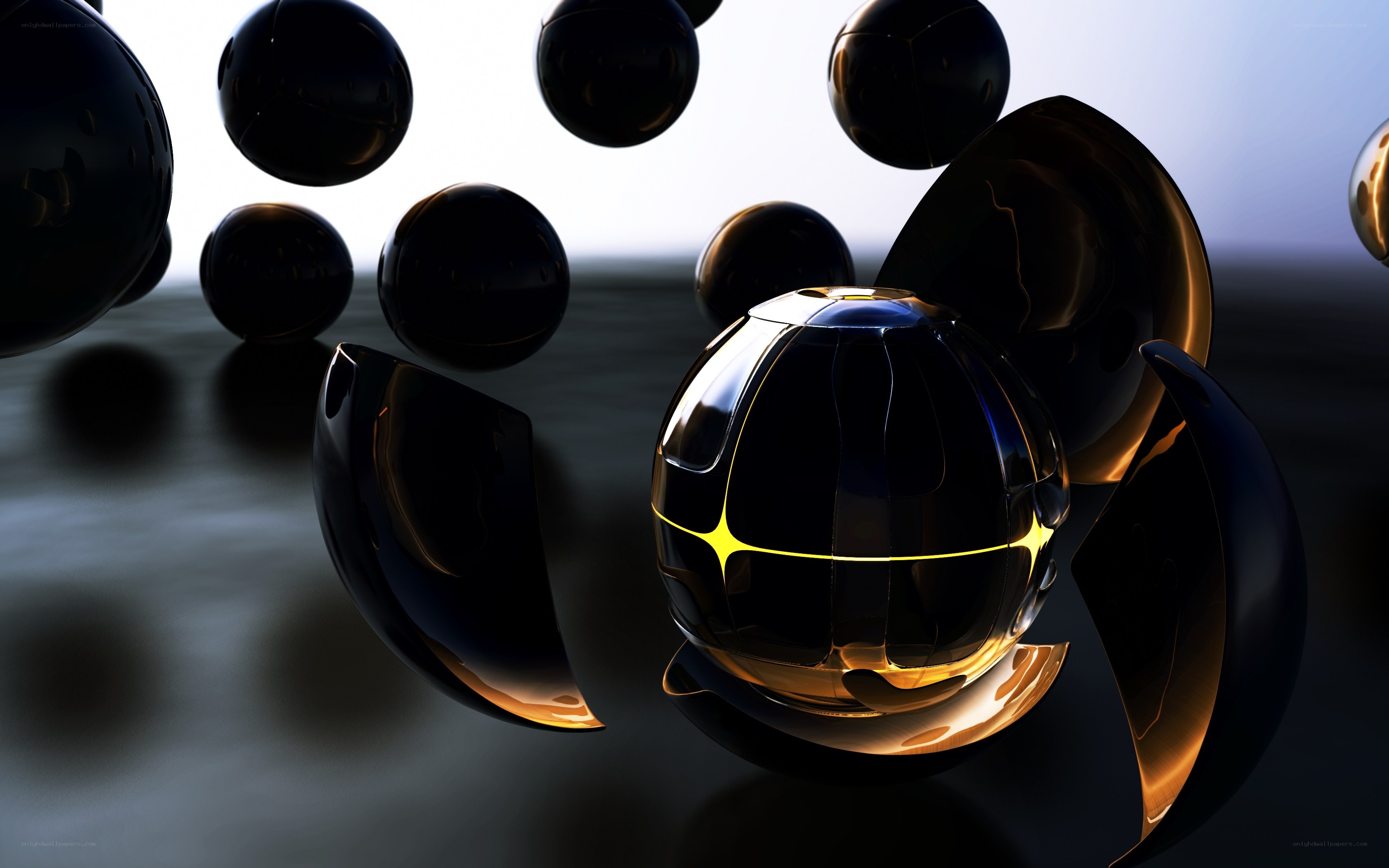 Abstract black spheres with golden light