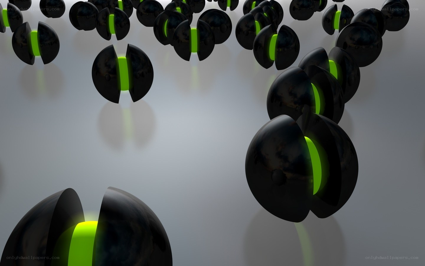 Abstract black spheres with green light