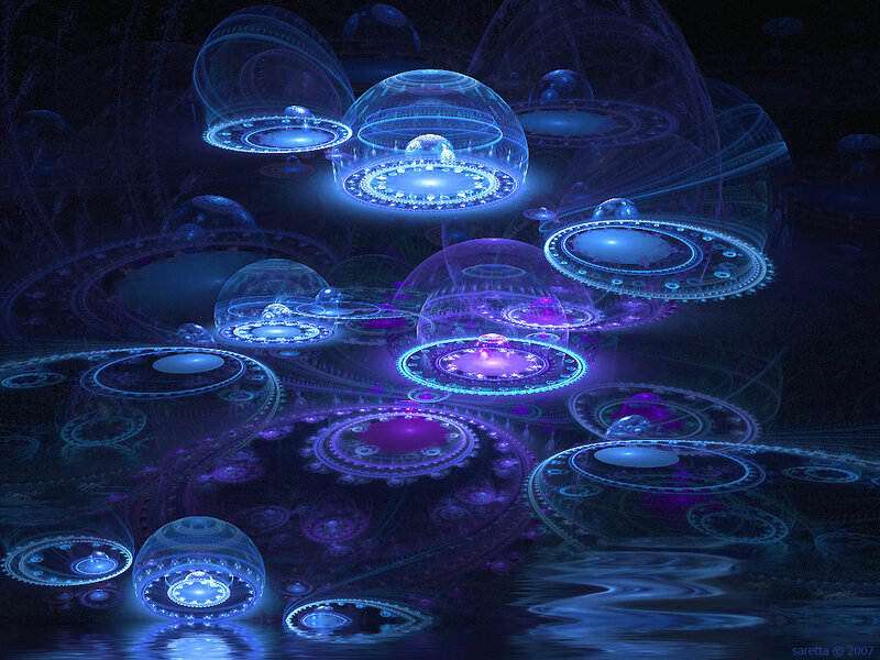 Abstract blue and purple fractal spheres