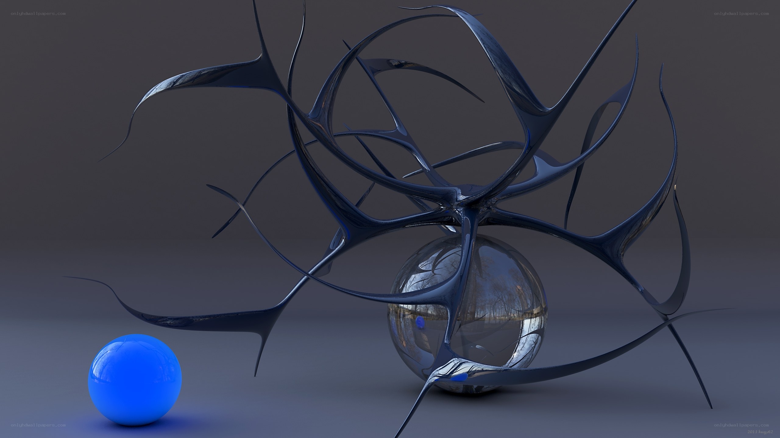Abstract blue sculpture with spheres