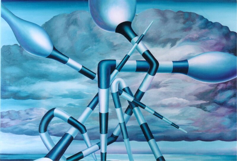 Abstract blue structures against clouds