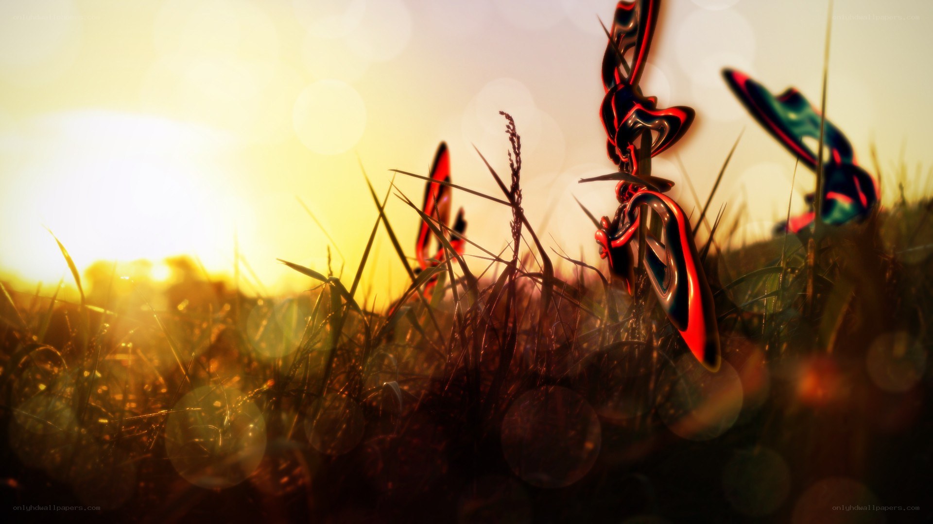 Abstract butterflies in grass at sunset
