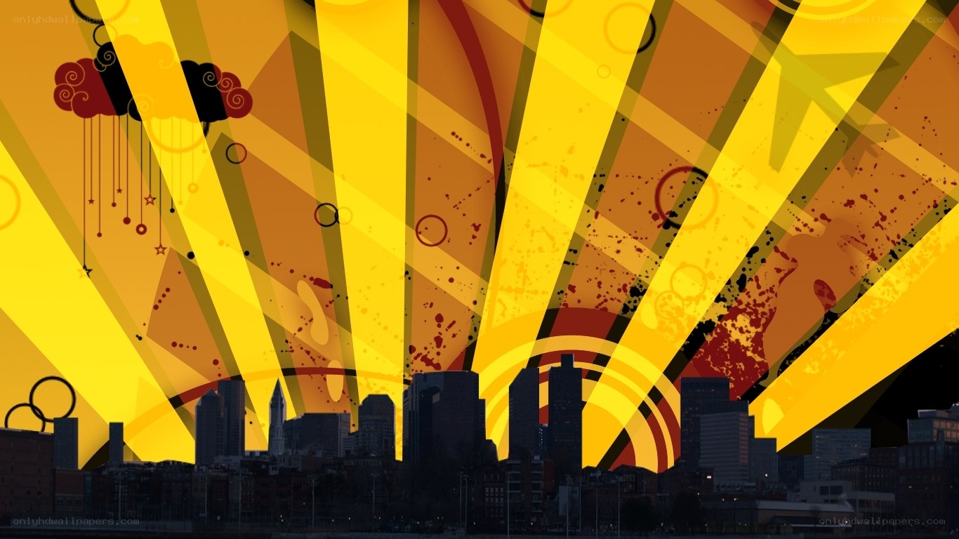 abstract city skyline with sunburst