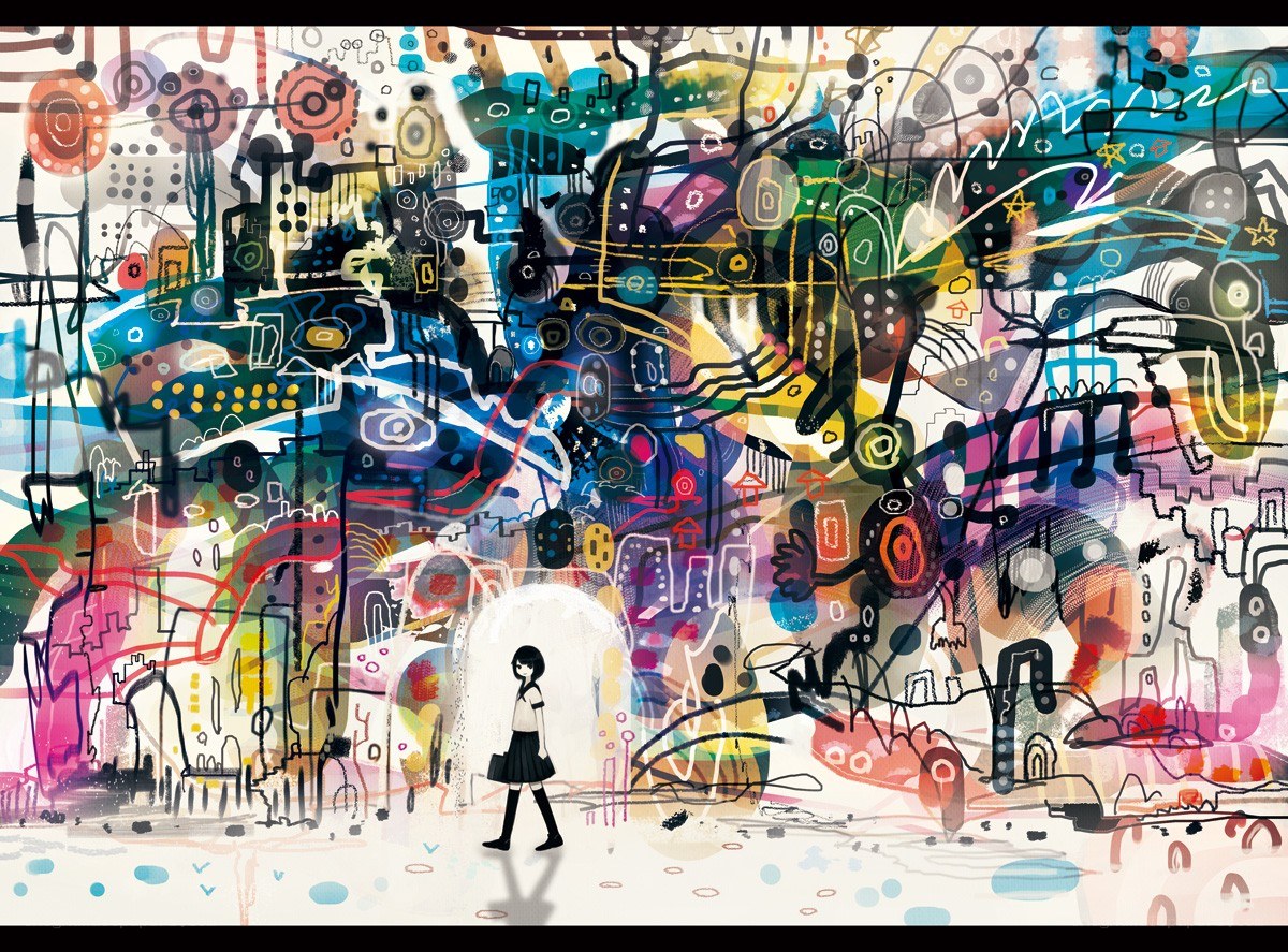 abstract city with girl walking