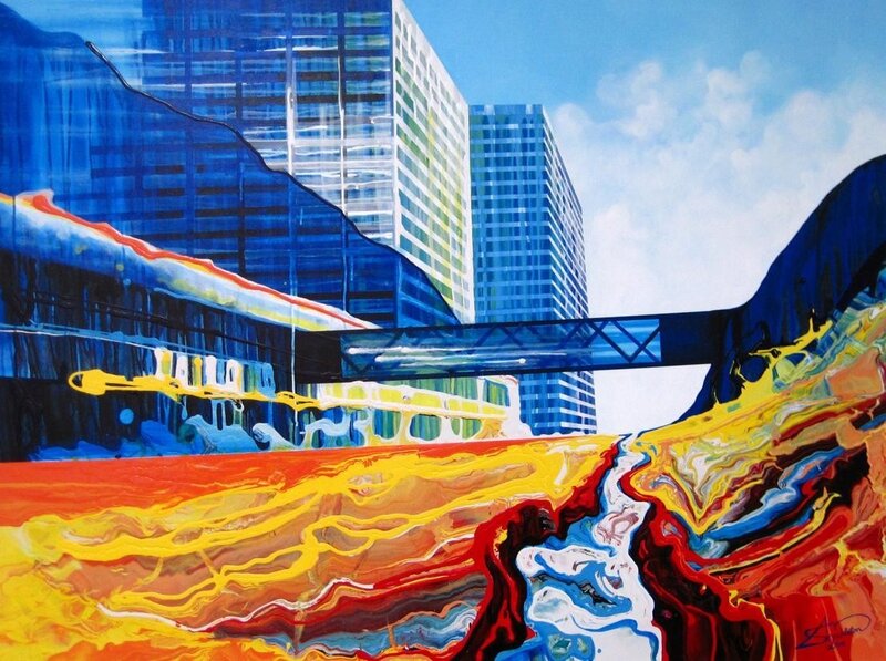 Abstract Cityscape Painting — Blue, Dramatic, Afternoon