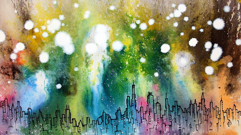 Abstract cityscape with colorful sky
