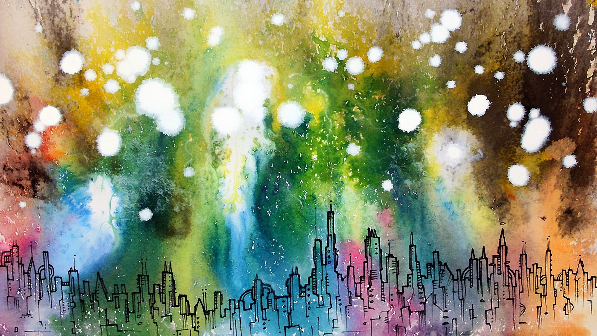 Abstract cityscape with colorful sky