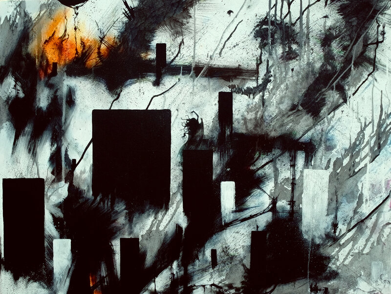 Abstract cityscape with fire