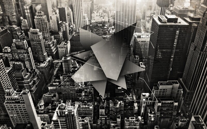 abstract cityscape with geometric overlay