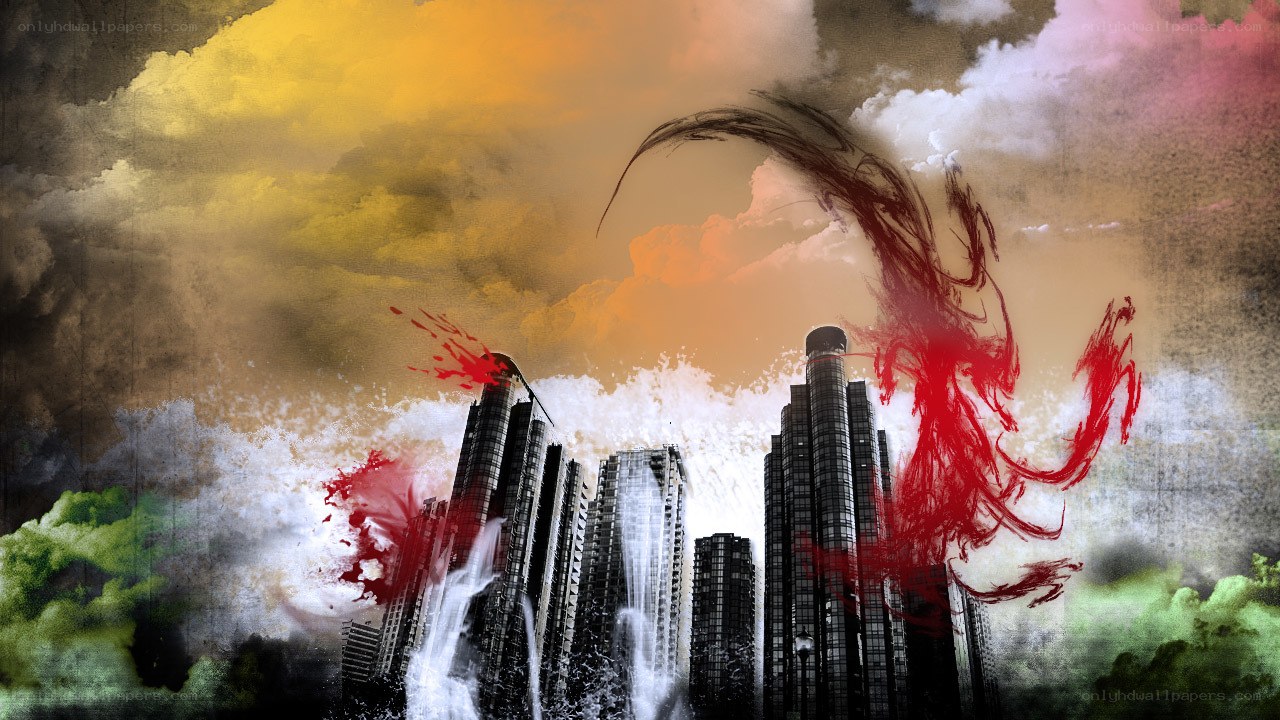 abstract cityscape with red energy