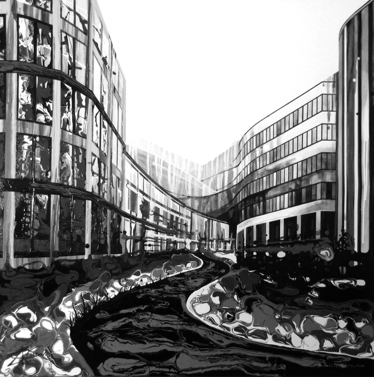 Abstract cityscape with reflective buildings