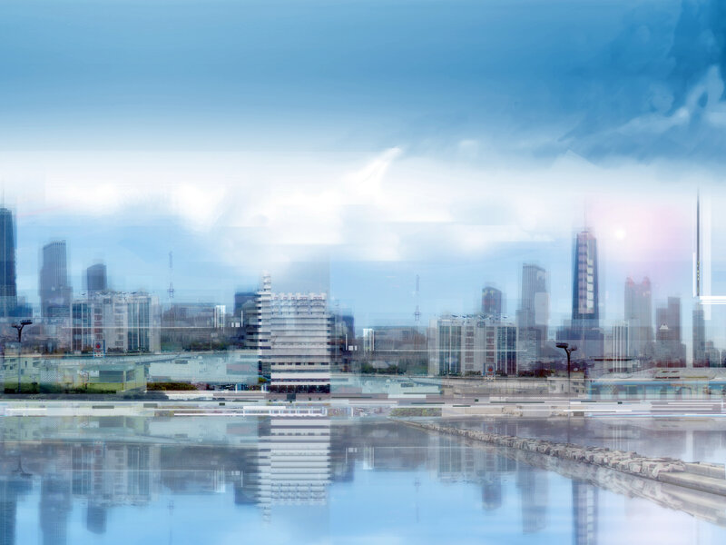 Abstract cityscape with water reflection