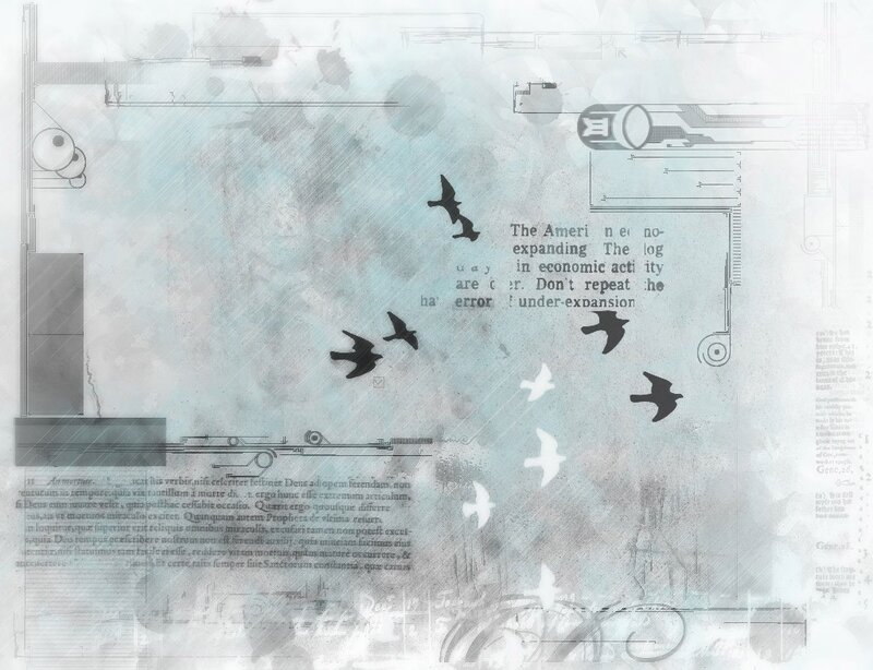 abstract collage with birds and text