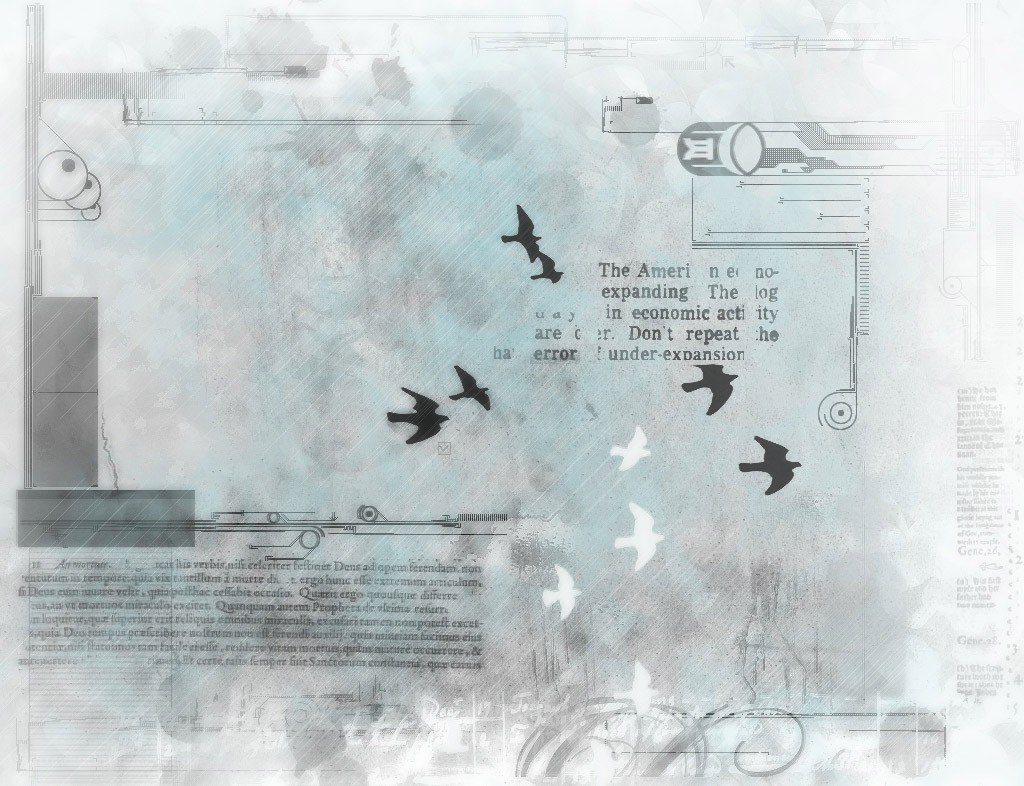 abstract collage with birds and text