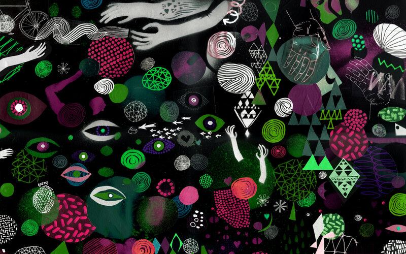 abstract collage with eyes and hands